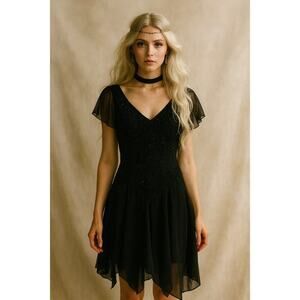 Vintage Y2K Womens Whimsigoth Dark Fairy Black Beaded Handkerchief Hem Midi 6